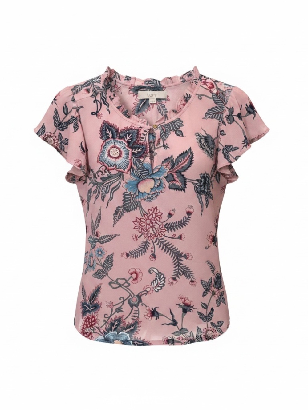 LOFT Pink Floral Keyhole Ruffle Sleeve Blouse